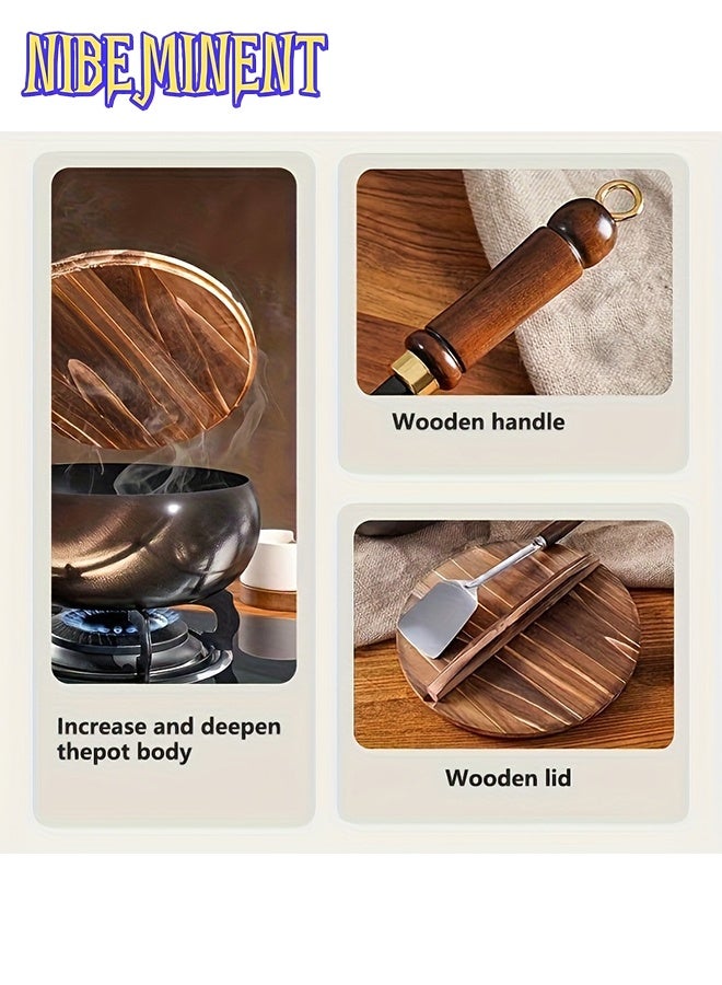 NIBEMINENT 1pc Potbelly Cast Iron Pan with Lid - Uncoated Heavy-Duty Construction, Even Heat Distribution & Retention, Multipurpose Frying & Searing, Easy-Clean Surface, Durable Cookware Essential for Home Cooks, Pans for Cooking,Searing Cookware,Natural Handle - Image 5