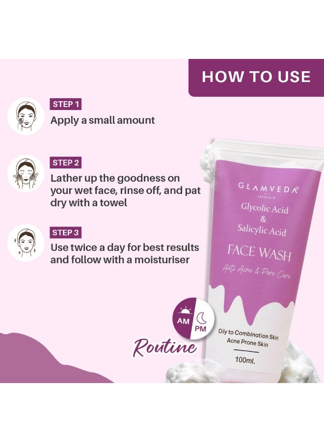 Glamveda Glycolic Acid & Salicylic Acid Anti Acne Face Wash (100ml Pack of 2) | For Oily & Acne Prone Skin | Oil balancing, Deep Cleansing - Image 4