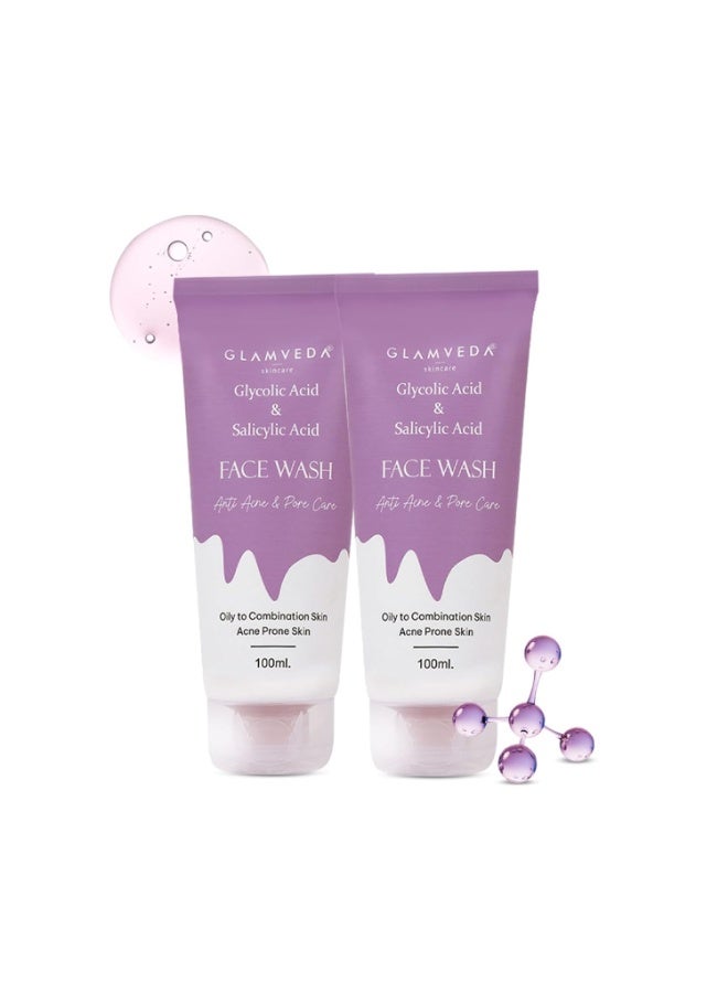Glamveda Glycolic Acid & Salicylic Acid Anti Acne Face Wash (100ml Pack of 2) | For Oily & Acne Prone Skin | Oil balancing, Deep Cleansing - Image 1