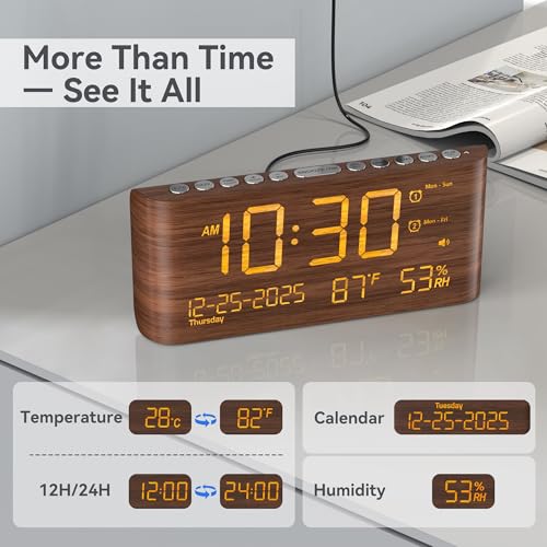Mesqool Digital Alarm Clock with Dual Alarms, Temperature & Humidity Display, USB & Type-C Charging, 5-Level Brightness for Bedroom & Office - Image 4