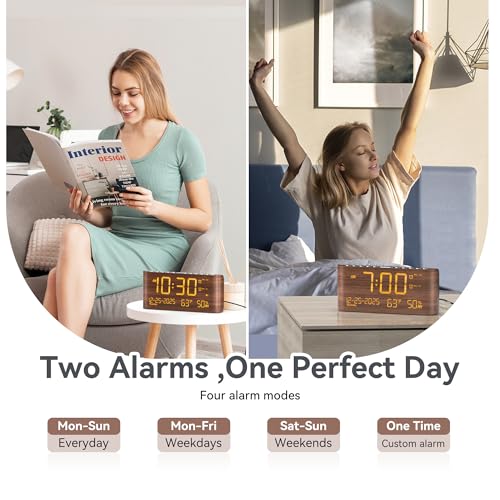 Mesqool Digital Alarm Clock with Dual Alarms, Temperature & Humidity Display, USB & Type-C Charging, 5-Level Brightness for Bedroom & Office - Image 2