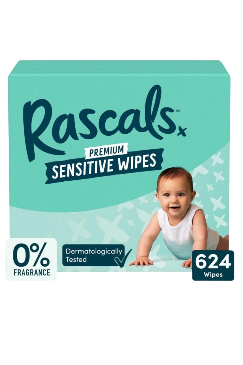 Rascals Premium Sensitive Baby Wipes | Hypoallergenic & Dermatologist Tested Wet Wipes | 99% Natural Formula Baby Travel Wipes - Thick & Plastic Free wet wipes for baby - Pack of 624 (12 x 52)