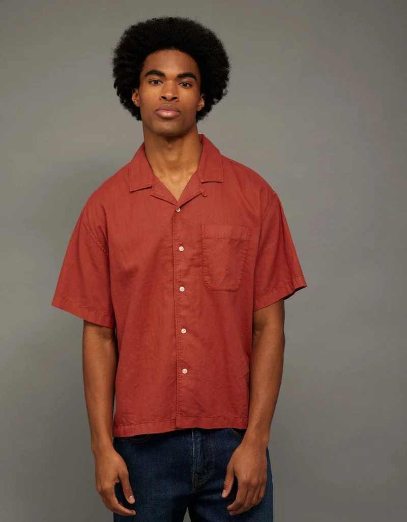 American Eagle  AE Relaxed Fit Linen-Blend Camp Collar Shirt for Men | Best Price UAE