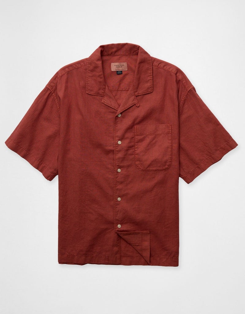 American Eagle AE Relaxed Fit Linen-Blend Camp Collar Shirt - Image 3