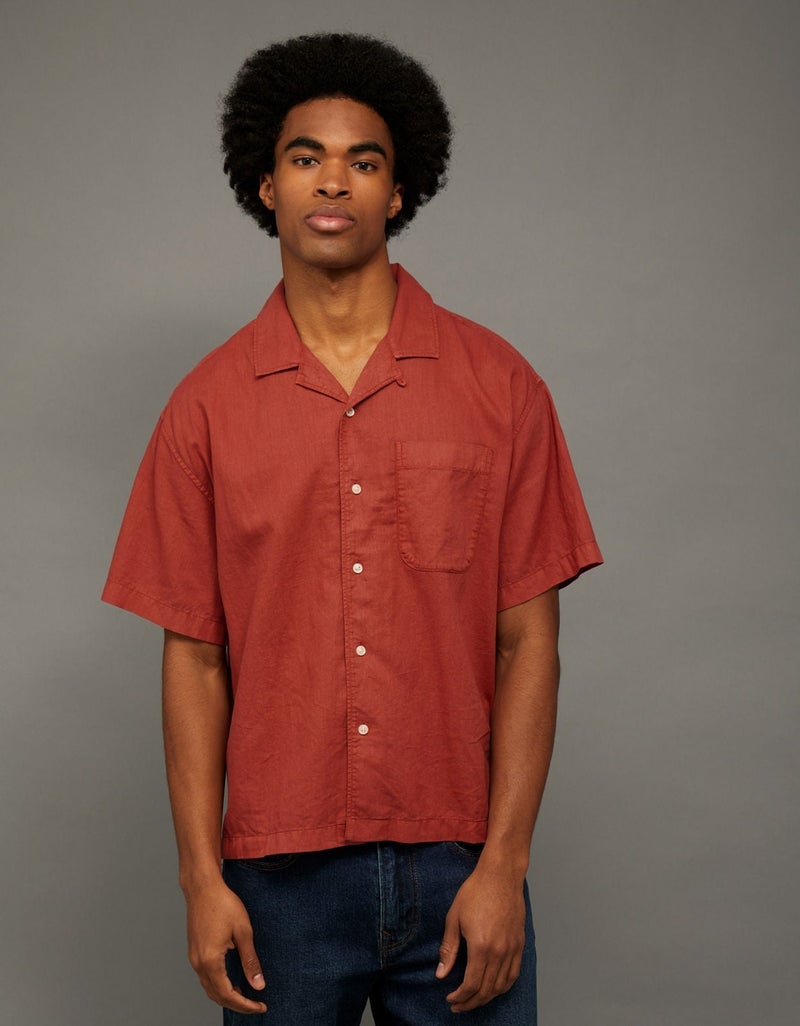 American Eagle AE Relaxed Fit Linen-Blend Camp Collar Shirt - Image 1