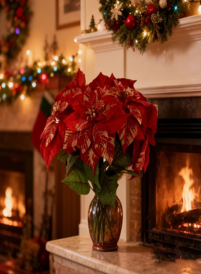 Acfruits Poinsettias Artificial Christmas Flowers with Glitter 6 Pcs, 7.5" Large Heads Bouquet Red Faux Velvet Flower for Xmas Tree Home Christmas Decorations - Image 1