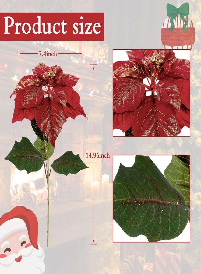 Acfruits Poinsettias Artificial Christmas Flowers with Glitter 6 Pcs, 7.5" Large Heads Bouquet Red Faux Velvet Flower for Xmas Tree Home Christmas Decorations - Image 3