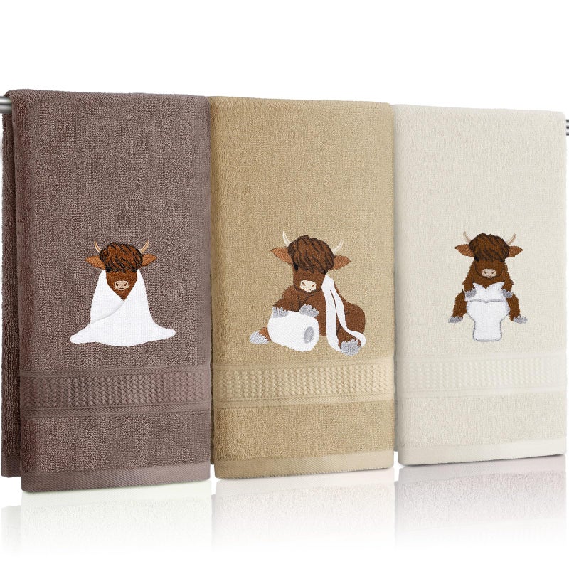FuWeave 3 Pcs Highland Cow Hand Towels Embroidered Cow Farmhouse Decorative Bath Towels for Bathroom Kitchen Decor Country Farm Highland Holiday Housewarming Gifts 100 Cotton 133 x 295