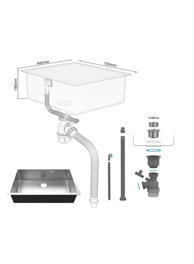 المفتاحة حوض مطبخ فاخر من الفولاذ المقاوم للصدأ - حوض كبير أحادي الحوض مثبت أسفله مع حوض عميق، يقلل الضوضاء، مقاوم للصدأ والخدش، تصميم عصري للمطابخ المنزلية والتجارية - Image 4