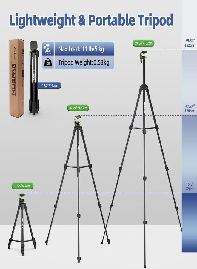 Huepar 60-Inch Lightweight Tripod Portable Adjustable Tripod for Laser Level with 3-Way Swivel Pan Head, 2 Bubble Levels, 1/4" and 5/8" Thread Mount for Varieties Tools, Only for Indoor Basic Work - Image 2
