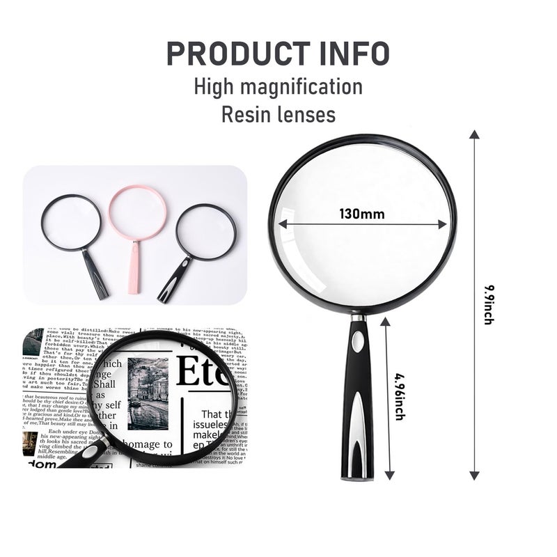 Feosky Handheld Reading Magnifier, 10X Magnifier, 130mm Shatterproof Lens, Non-Slip Handle for Adults Close Work, Seniors Reading and Nature Exploration, Hobby Observation(Silver/Black) - Image 2
