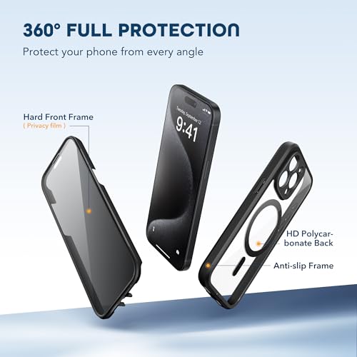 TIESZEN for iPhone 15 Pro Case, Compatible with MagSafe, Built-in Privacy Screen Protector and Camera Protection, Anti Spy Full Body Dustproof Shockproof Hard Phone Case 6.1", Black - Image 5