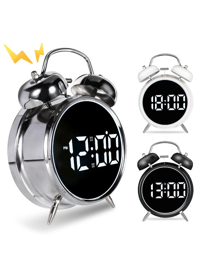 زيريفام ساعة منبه بجرسين، ساعة منبه رقمية صغيرة، ساعة منبه إلكترونية بجرسين مقاس 4 بوصات، ساعة منبه LED إلكترونية تعمل بجرس مزدوج، ساعة طاولة معدنية صامتة تعمل عبر USB أو البطارية، ساعة سرير عصرية عالية الصوت للبالغين والأطفال - Image 2