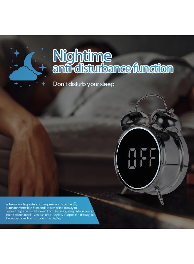 زيريفام ساعة منبه بجرسين، ساعة منبه رقمية صغيرة، ساعة منبه إلكترونية بجرسين مقاس 4 بوصات، ساعة منبه LED إلكترونية تعمل بجرس مزدوج، ساعة طاولة معدنية صامتة تعمل عبر USB أو البطارية، ساعة سرير عصرية عالية الصوت للبالغين والأطفال - Image 4