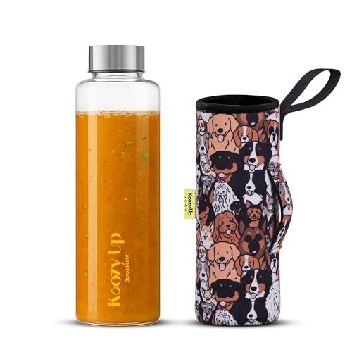 Koozy Up Borosilicate Glass Water Bottle(1 Litre) with Thick Neoprene Cover | Leak proof & Break-Resistant | Best for- Fridge/Detox |Office/College (Doggo) - Image 1