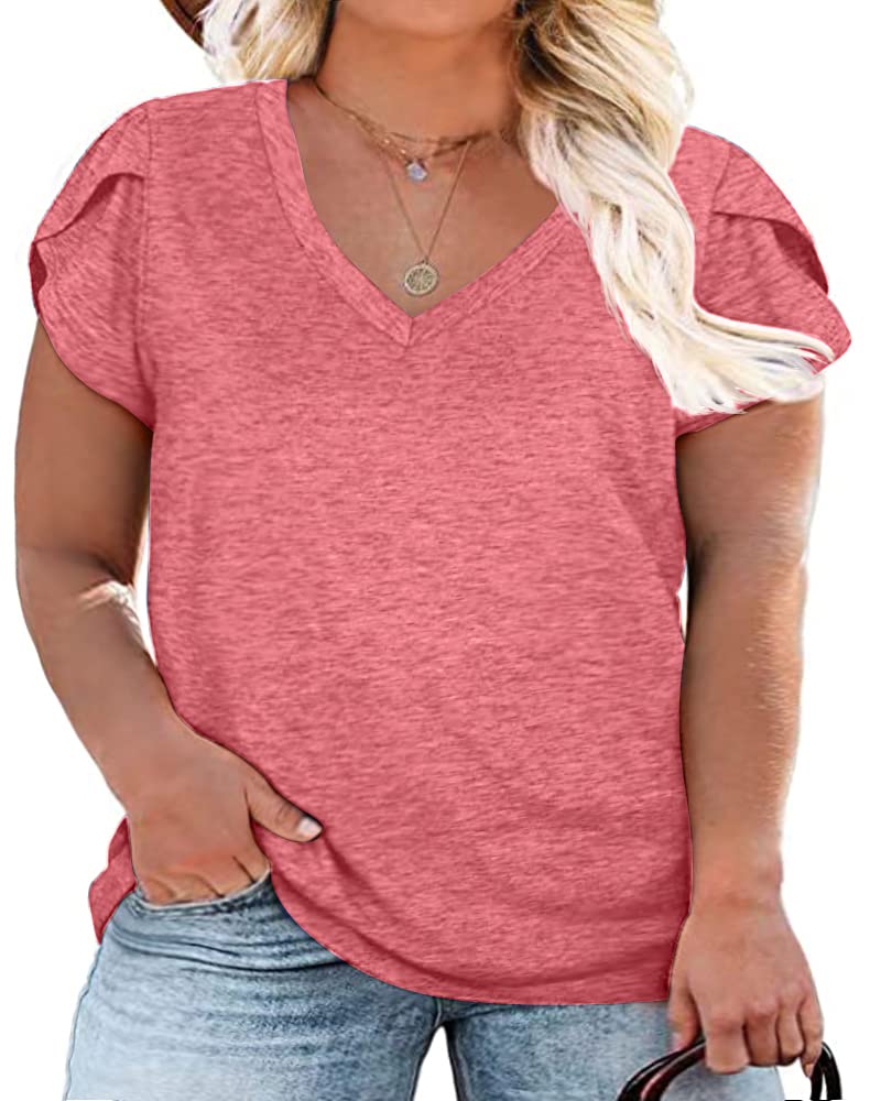 Bwogeeya Womens Plus Size Tops V Neck T Shirts Casual Loose Petal Sleeve Tee Shirts Pink - Image 1
