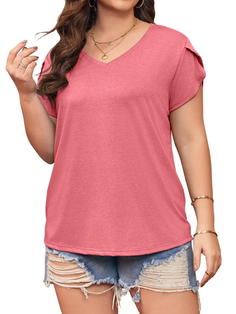 Bwogeeya Womens Plus Size Tops V Neck T Shirts Casual Loose Petal Sleeve Tee Shirts Pink - Image 2