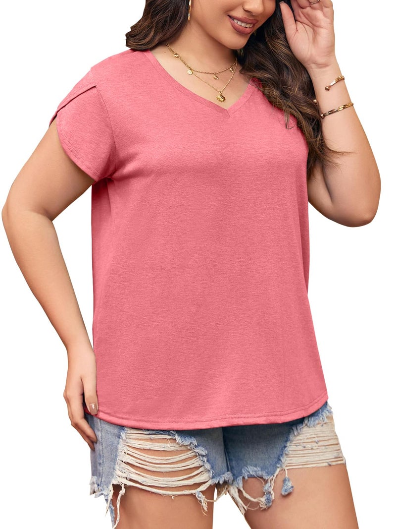 Bwogeeya Womens Plus Size Tops V Neck T Shirts Casual Loose Petal Sleeve Tee Shirts Pink - Image 4