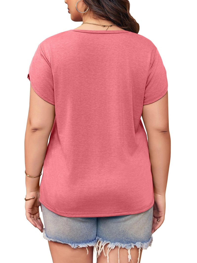 Bwogeeya Womens Plus Size Tops V Neck T Shirts Casual Loose Petal Sleeve Tee Shirts Pink - Image 5