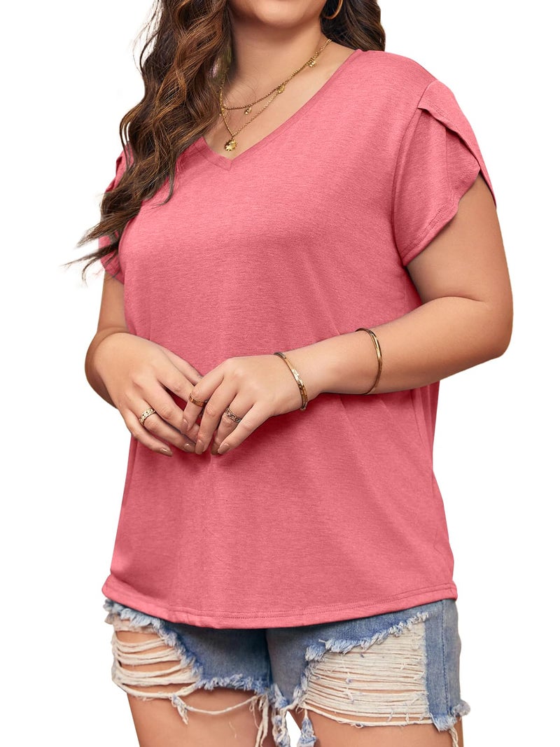 Bwogeeya Womens Plus Size Tops V Neck T Shirts Casual Loose Petal Sleeve Tee Shirts Pink - Image 3
