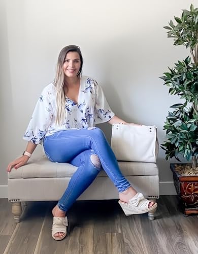 QegarTop بلوزة نسائية صيفية فضفاضة للعمل في المكتب بأكمام باتوين مزينة بالزهور ملابس كاجوال بوهو عقدة أمامية بيضاء XL - Image 3