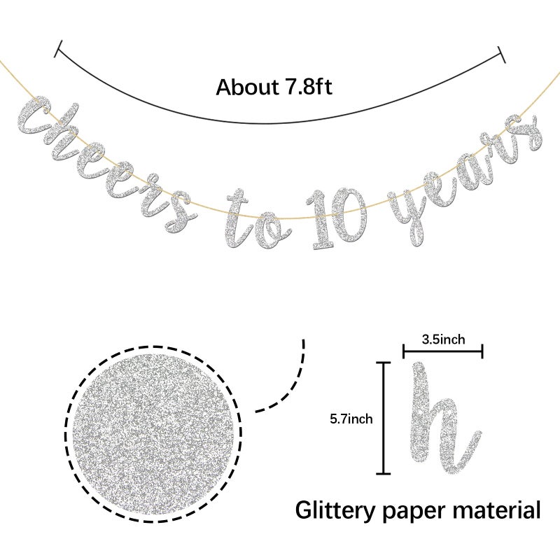 INNORU Glitter Silver Cheers to 10 Years Banner - Children 10th Birthday Sign Bunting 10th Wedding Anniversary Party Bunting Decoration - Image 2