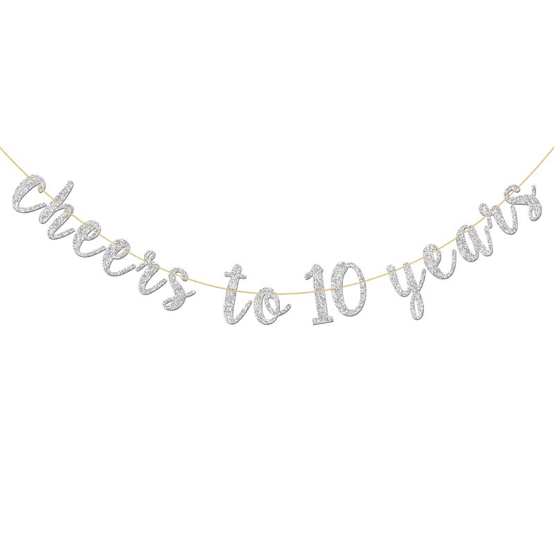INNORU Glitter Silver Cheers to 10 Years Banner - Children 10th Birthday Sign Bunting 10th Wedding Anniversary Party Bunting Decoration - Image 1