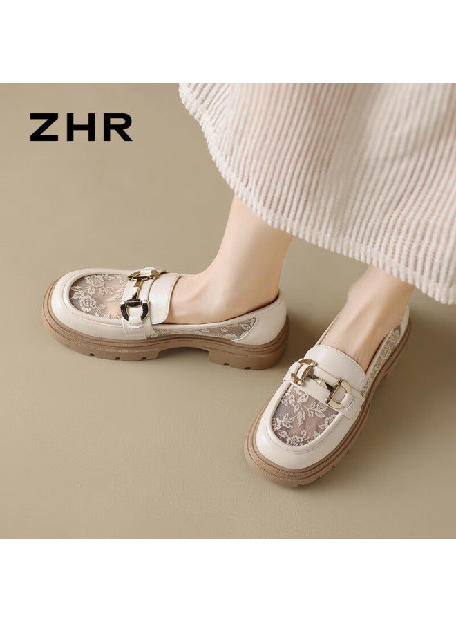 Zhr Lefu Women's Soft-soled Breathable Mesh Single Shoes British Style Thick-heeled Women's Shoes Ftep06e Beige Size 37 - Image 3