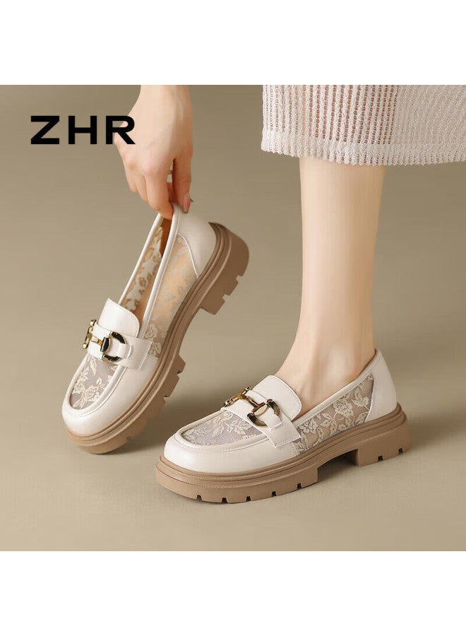 Zhr Lefu Women's Soft-soled Breathable Mesh Single Shoes British Style Thick-heeled Women's Shoes Ftep06e Beige Size 37 - Image 1