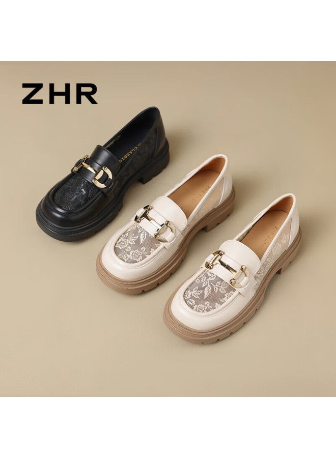 Zhr Lefu Women's Soft-soled Breathable Mesh Single Shoes British Style Thick-heeled Women's Shoes Ftep06e Beige Size 37 - Image 5
