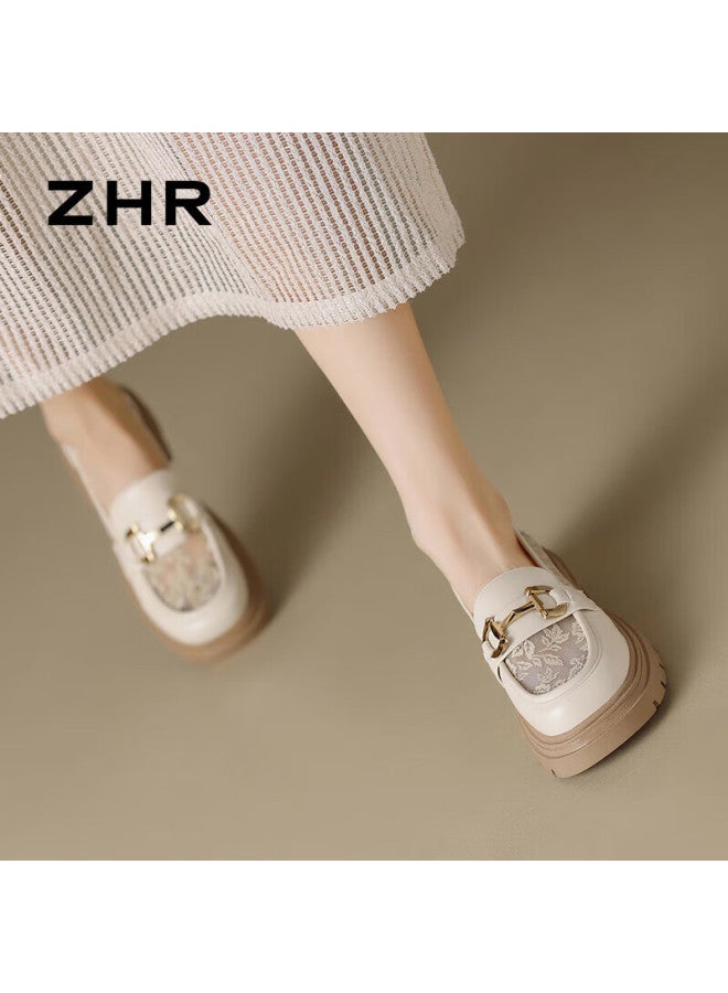 Zhr Lefu Women's Soft-soled Breathable Mesh Single Shoes British Style Thick-heeled Women's Shoes Ftep06e Beige Size 37 - Image 2