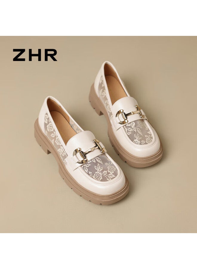 Zhr Lefu Women's Soft-soled Breathable Mesh Single Shoes British Style Thick-heeled Women's Shoes Ftep06e Beige Size 37 - Image 4