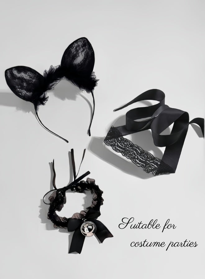 A set of black accessories (3 pieces), including a hair accessory, eye mask, and necklace, perfect for parties and cosplay, and adorned with black lace. - Image 5