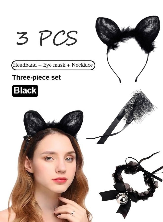 A set of black accessories (3 pieces), including a hair accessory, eye mask, and necklace, perfect for parties and cosplay, and adorned with black lace. - Image 1