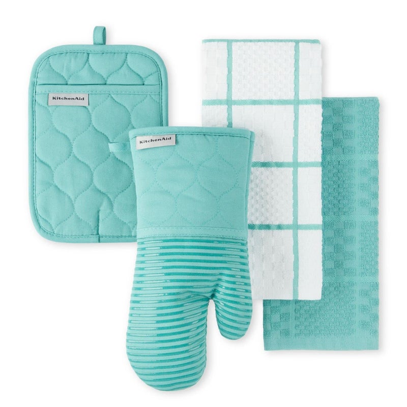 KITCHENAID Quilted Cotton Terry Cloth Oven Mitt  Pot Holder  Kitchen Towel 4-Pack Set  Heat Resistant  Silicone Grip  Gift Set  Aqua Sky  16""x26""  7""x13"" & 7""x10"" - Image 1