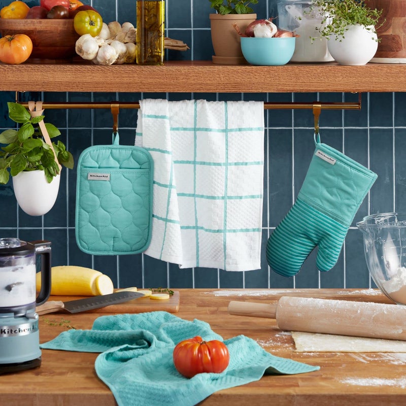 KITCHENAID Quilted Cotton Terry Cloth Oven Mitt  Pot Holder  Kitchen Towel 4-Pack Set  Heat Resistant  Silicone Grip  Gift Set  Aqua Sky  16""x26""  7""x13"" & 7""x10"" - Image 2