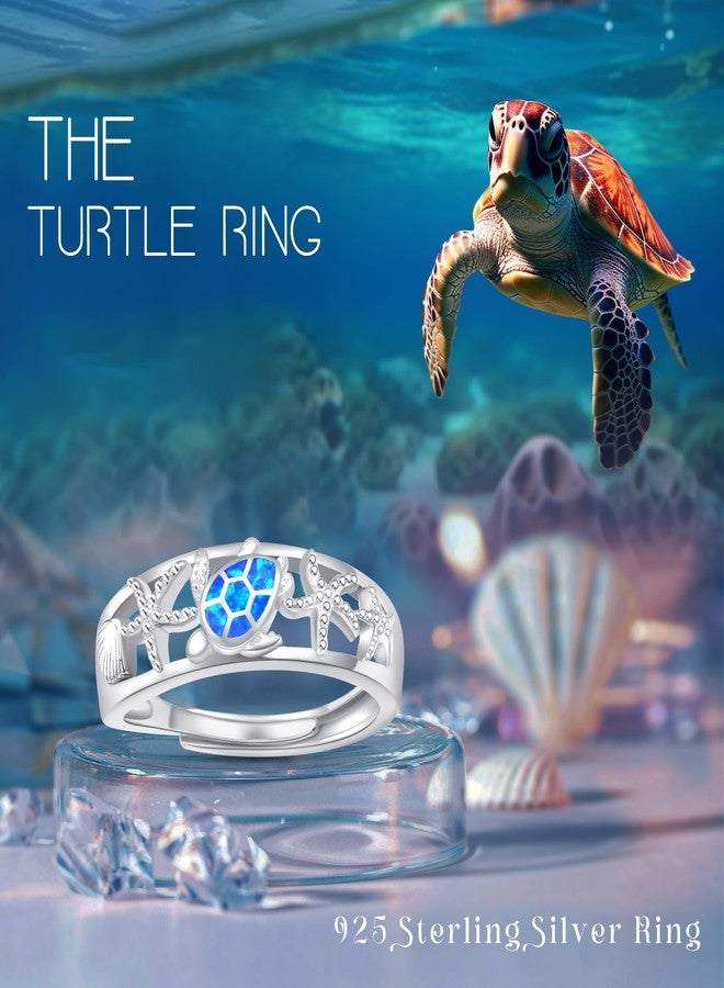 Cuoka Turtle Ring,Sterling Silver Adjustable Ocean Animal Blue Opal Sea Tortoise Starfish Ring Hawaiian Beach Themed Jewelry Gifts for Women - Image 3