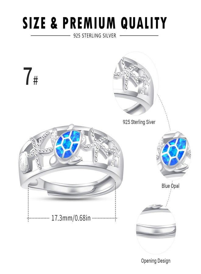 Cuoka Turtle Ring,Sterling Silver Adjustable Ocean Animal Blue Opal Sea Tortoise Starfish Ring Hawaiian Beach Themed Jewelry Gifts for Women - Image 2