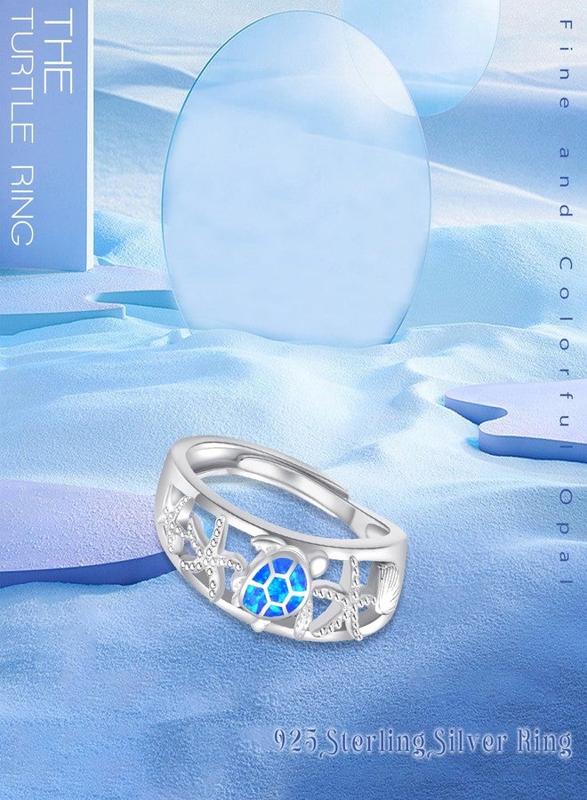 Cuoka Turtle Ring,Sterling Silver Adjustable Ocean Animal Blue Opal Sea Tortoise Starfish Ring Hawaiian Beach Themed Jewelry Gifts for Women - Image 4
