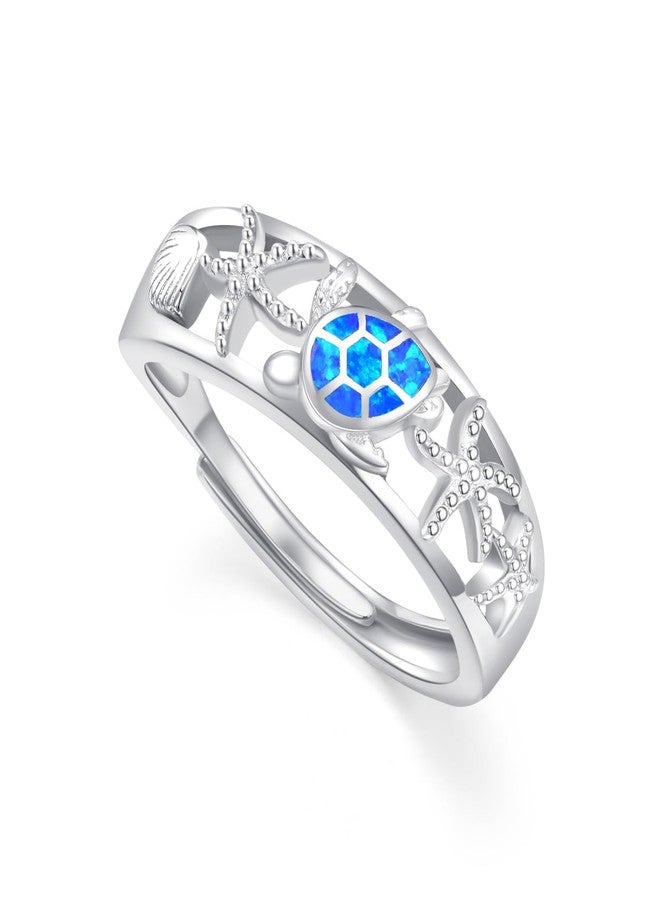 Cuoka Turtle Ring,Sterling Silver Adjustable Ocean Animal Blue Opal Sea Tortoise Starfish Ring Hawaiian Beach Themed Jewelry Gifts for Women - Image 1