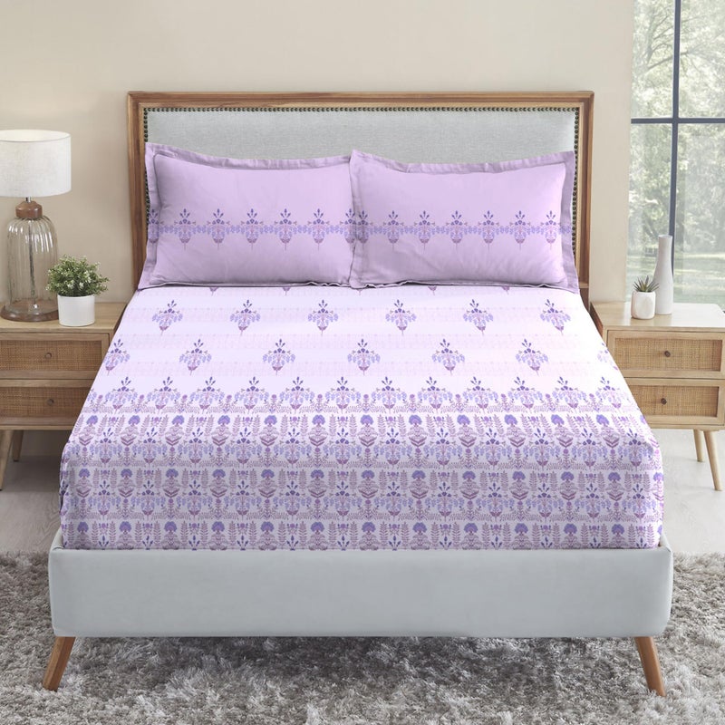 Trident Soft Comfort Fittedsheet for Double Bed, 210 TC 100% Cotton Elastic Fitted Bedsheet, Soft and Breathable, King Size Fitted Bedsheet with 2 Pillow Covers - Lilac Affair - Image 1