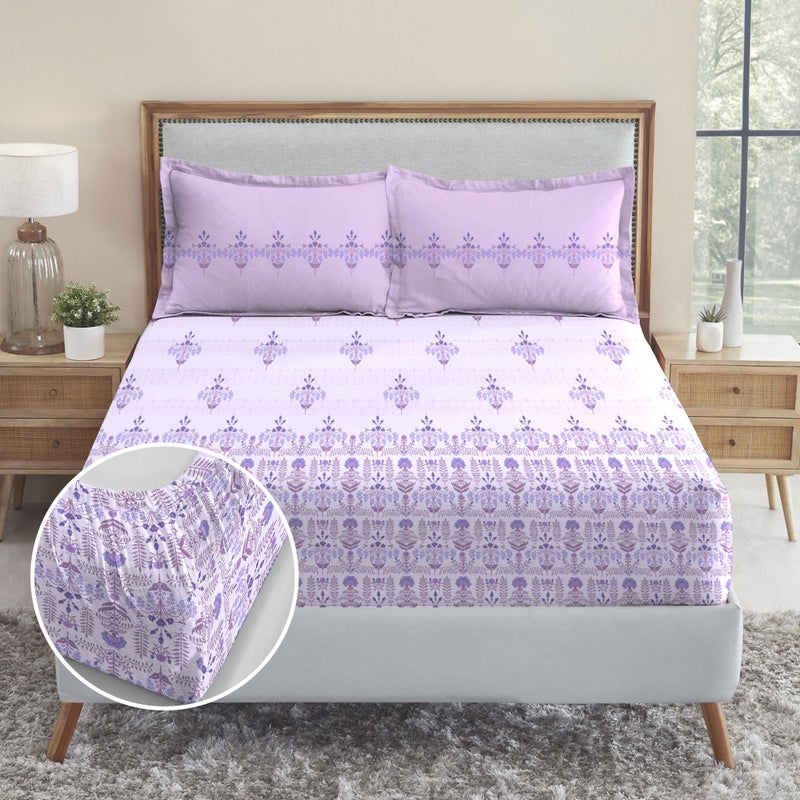 Trident Soft Comfort Fittedsheet for Double Bed, 210 TC 100% Cotton Elastic Fitted Bedsheet, Soft and Breathable, King Size Fitted Bedsheet with 2 Pillow Covers - Lilac Affair - Image 2