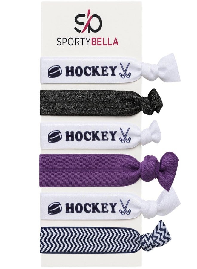 Sportybella Hockey Hair Ties Set - 6pc No-Crease Elastic Ponytail Holders for Girls, Players, and Fans, Purple, Black Accessories for Practice, Game Day, Party Favors or Team Gifts - Image 1