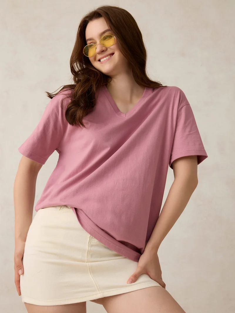 OUTZIDR Pink V Neck Solid Oversized T-Shirt