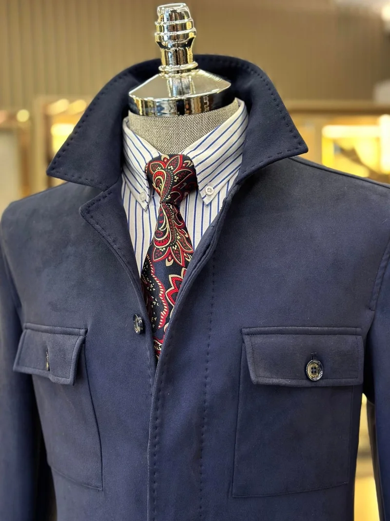 ترزي ادم التون Tailor Adem Altun Terziademaltun Italian Style Slim Fit Polo Collar Suede Men's Coat Navy Blue T10813
