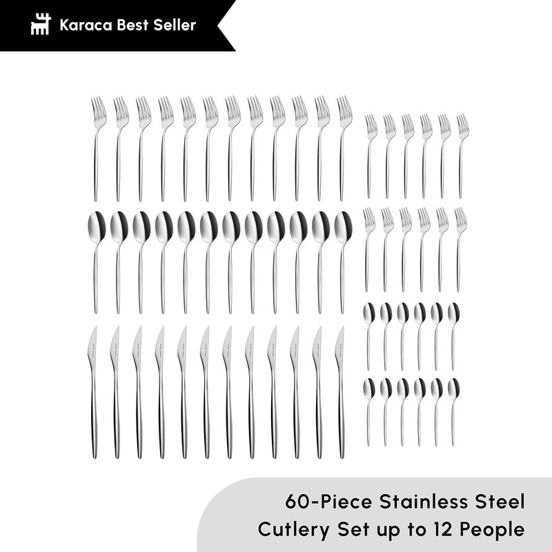 Karaca Karaca Lizbon 60Piece Cutlery Set for 12 People 1810 Stainless Steel Dinnerware Tableware Silverware Service includes Forks Spoons knives forks Teaspoons Mirror Polished Dishwasher Safe  - Image 2