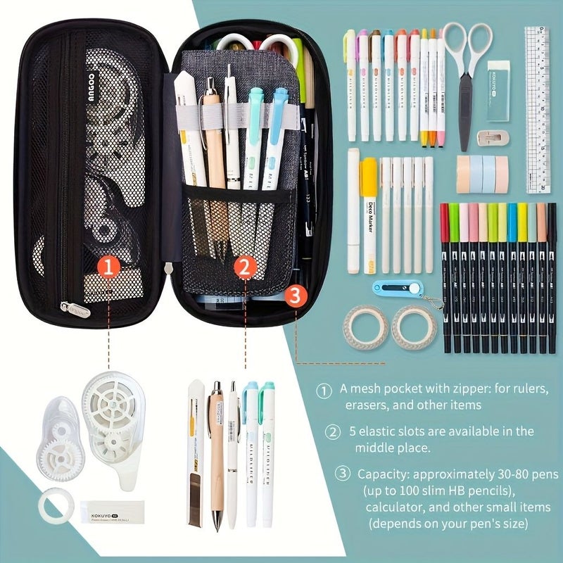 Grey Expandable Pen Case With 3 Red Ballpoint Pens Compact Zippered Office Organizer - Image 3
