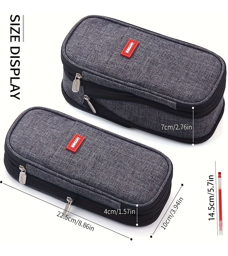 Grey Expandable Pen Case With 3 Red Ballpoint Pens Compact Zippered Office Organizer - Image 2