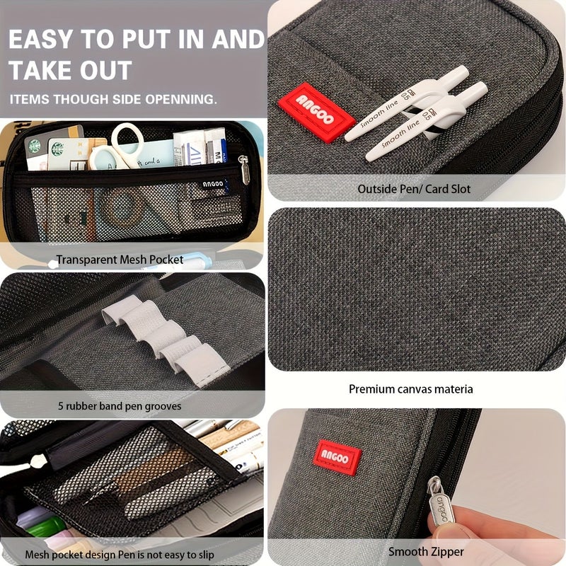 Grey Expandable Pen Case With 3 Red Ballpoint Pens Compact Zippered Office Organizer - Image 4