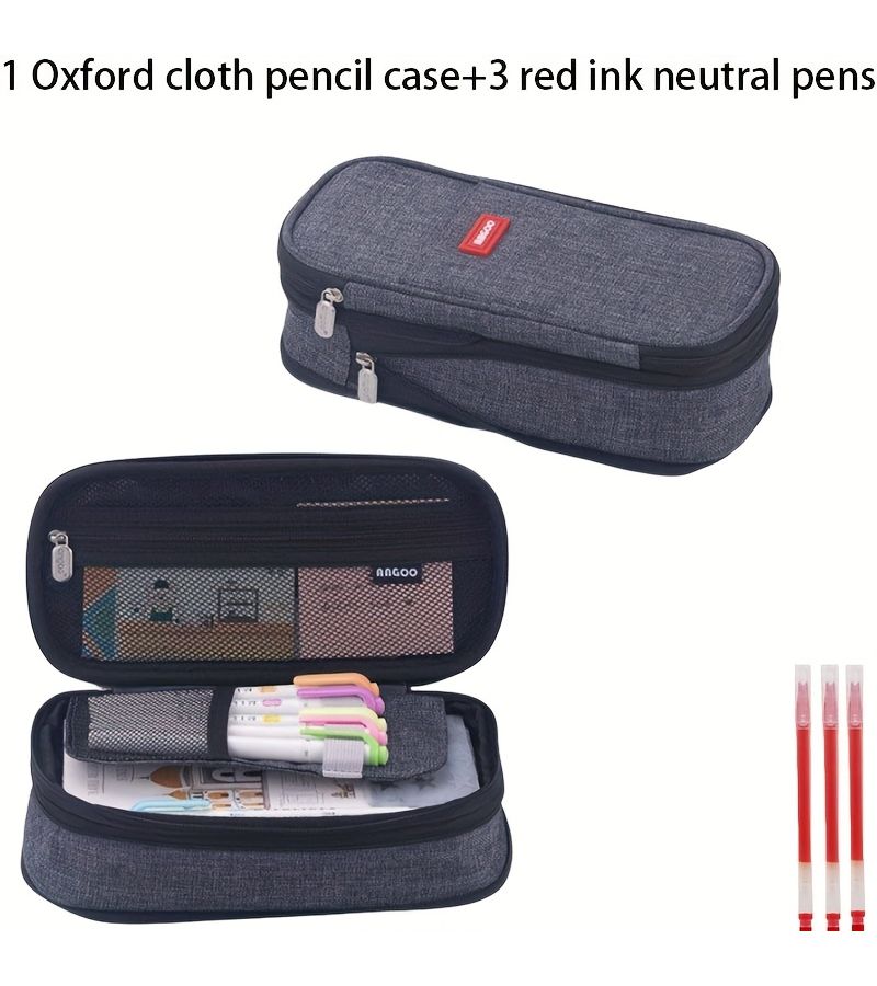 Grey Expandable Pen Case With 3 Red Ballpoint Pens Compact Zippered Office Organizer - Image 1